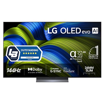Visning forfra af LG OLED evo AI C5E 4K Smart TV. På skærmen er der et emblem for 12 år som nummer 1 OLED i verden og logo for LG OLED evo AI 2025.