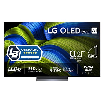 Visning forfra af LG OLED evo AI C5E 4K Smart TV. På skærmen er der et emblem for 12 år som nummer 1 OLED i verden og logo for LG OLED evo AI 2025.