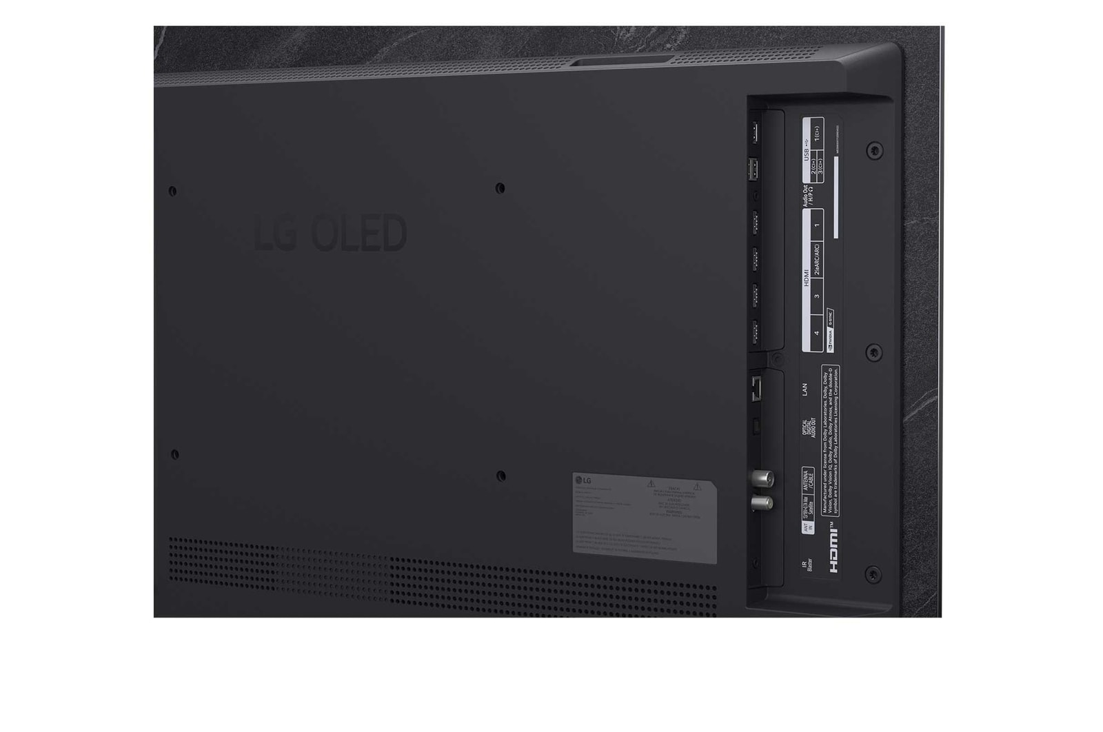 Bred visning af en stilfuld og farverig stue. LG OLED evo AI C5 4K Smart TV er monteret på væggen med en LG Soundbar nedenunder. Fjernsynets design passer godt til rummet. På fjernsynsskærmen vises et farverigt kunstværk. 