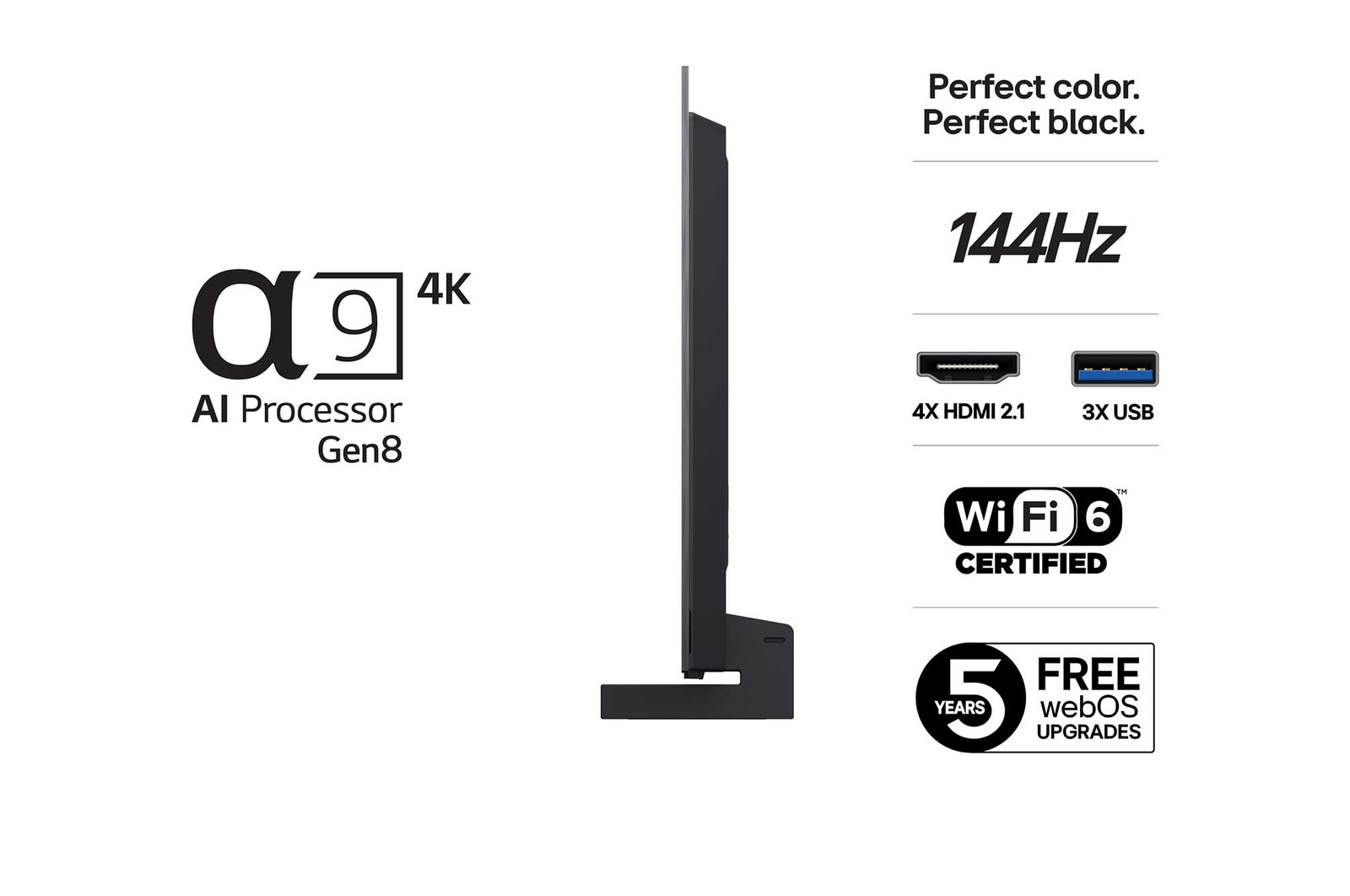 Visning fra siden af LG OLED evo AI C5 4K Smart TV.