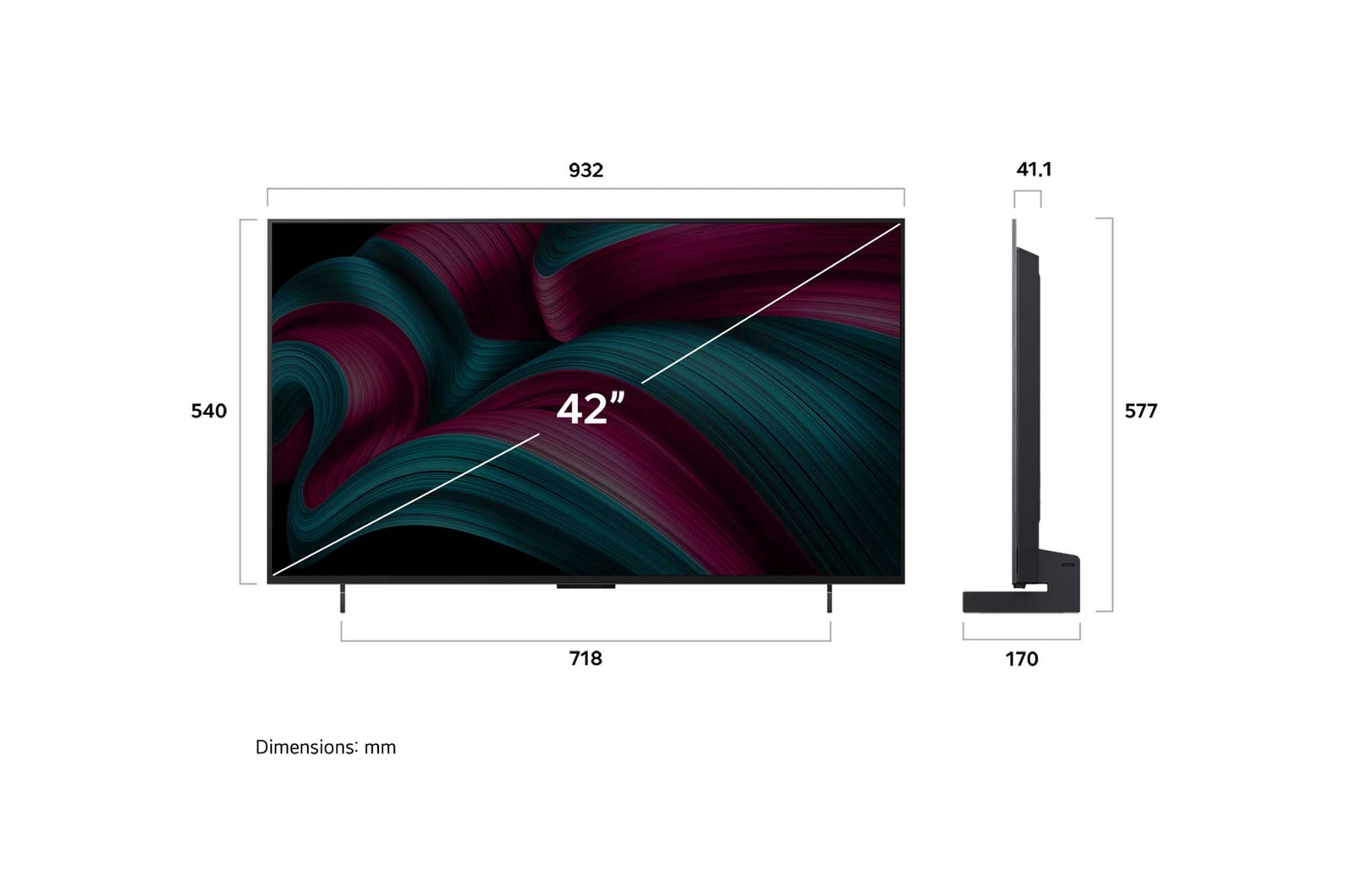 Visning forfra og fra siden af LG OLED evo AI C5 4K Smart TV, hvor dets mål for længde, bredde, højde og dybde ses.