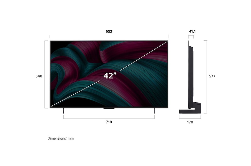 Visning forfra og fra siden af LG OLED evo AI C5 4K Smart TV, hvor dets mål for længde, bredde, højde og dybde ses.
