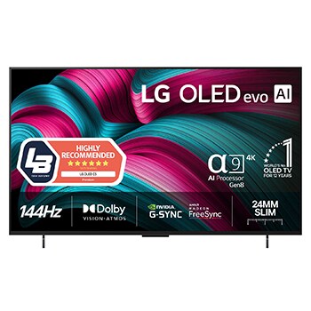 Visning forfra af LG OLED evo AI C5 4K Smart TV. På skærmen er der et emblem for 12 år som nummer 1 OLED i verden og logo for LG OLED evo AI 2025.
