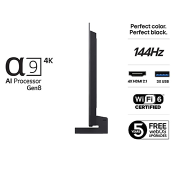 Visning fra siden af LG OLED evo AI C5 4K Smart TV.