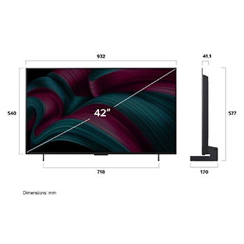 Visning forfra og fra siden af LG OLED evo AI C5 4K Smart TV, hvor dets mål for længde, bredde, højde og dybde ses.