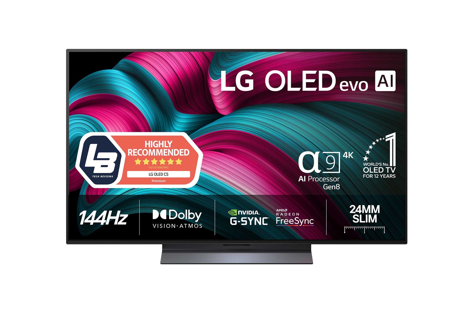 Visning forfra af LG OLED evo AI C5 4K Smart TV. På skærmen er der et emblem for 12 år som nummer 1 OLED i verden og logo for LG OLED evo AI 2025.