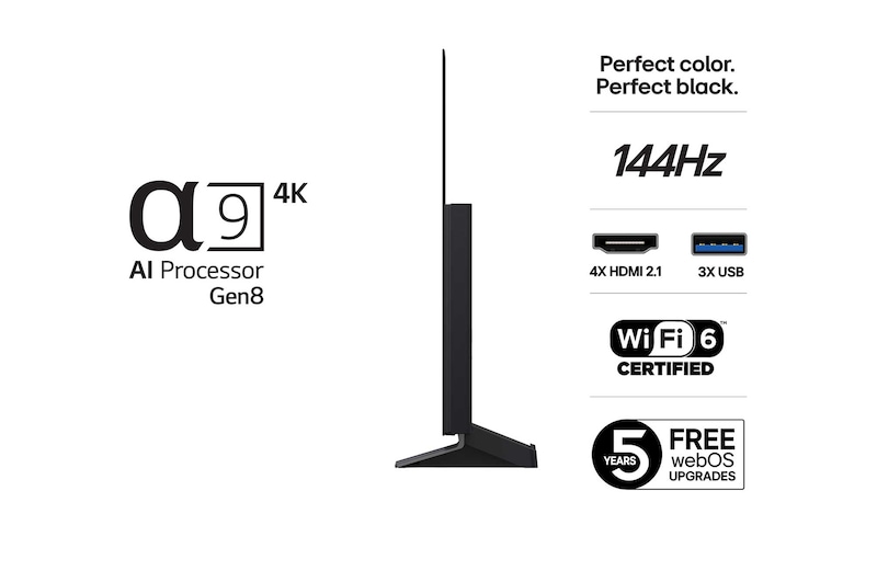Visning fra siden af LG OLED evo AI C5 4K Smart TV.