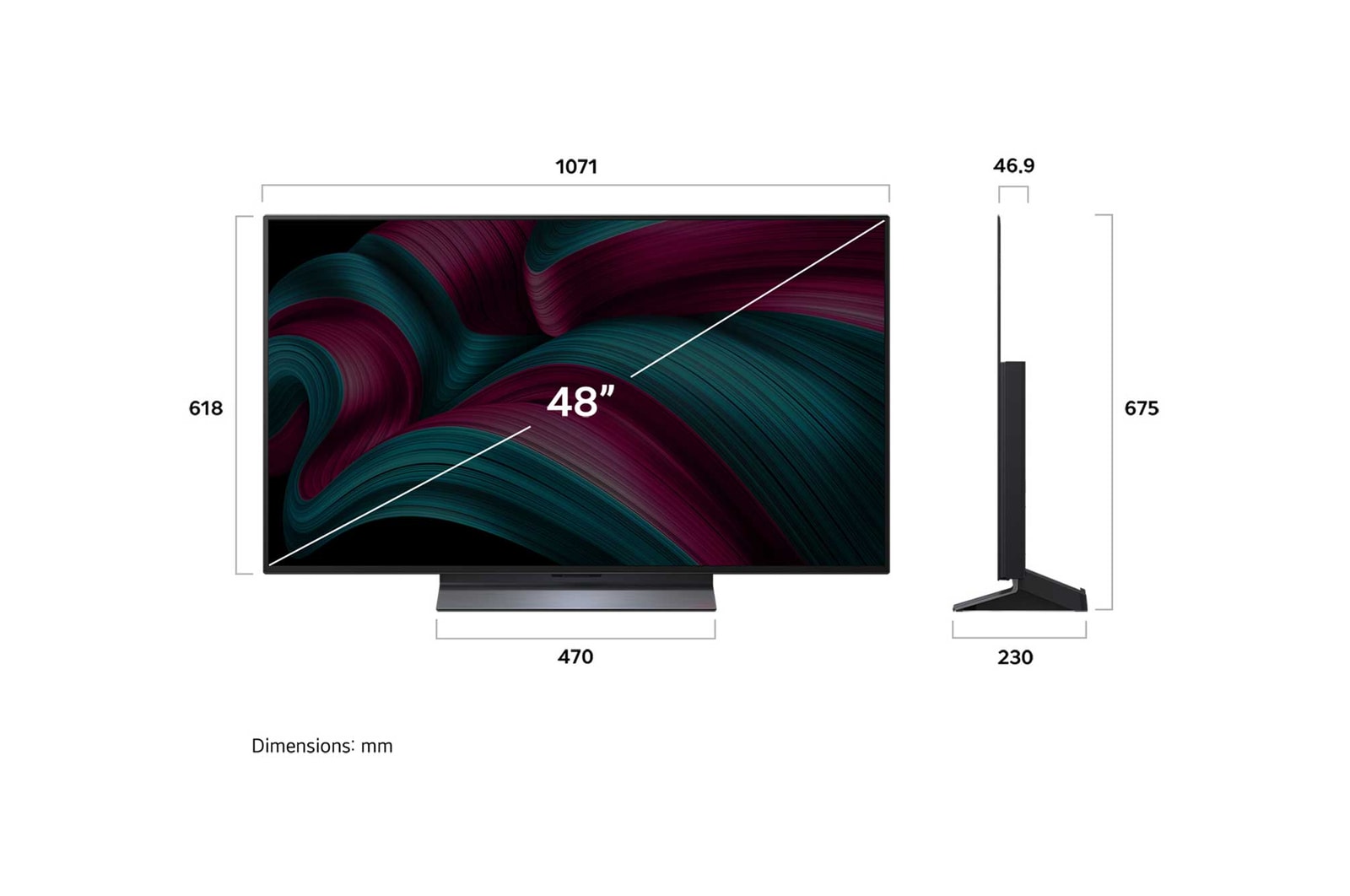 Visning forfra og fra siden af LG OLED evo AI C5 4K Smart TV, hvor dets mål for længde, bredde, højde og dybde ses.