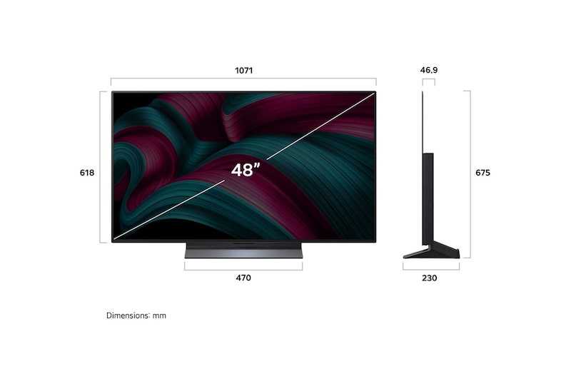 Visning forfra og fra siden af LG OLED evo AI C5 4K Smart TV, hvor dets mål for længde, bredde, højde og dybde ses.