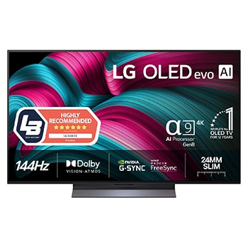 Visning forfra af LG OLED evo AI C5 4K Smart TV. På skærmen er der et emblem for 12 år som nummer 1 OLED i verden og logo for LG OLED evo AI 2025.
