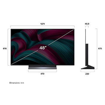 Visning forfra og fra siden af LG OLED evo AI C5 4K Smart TV, hvor dets mål for længde, bredde, højde og dybde ses.