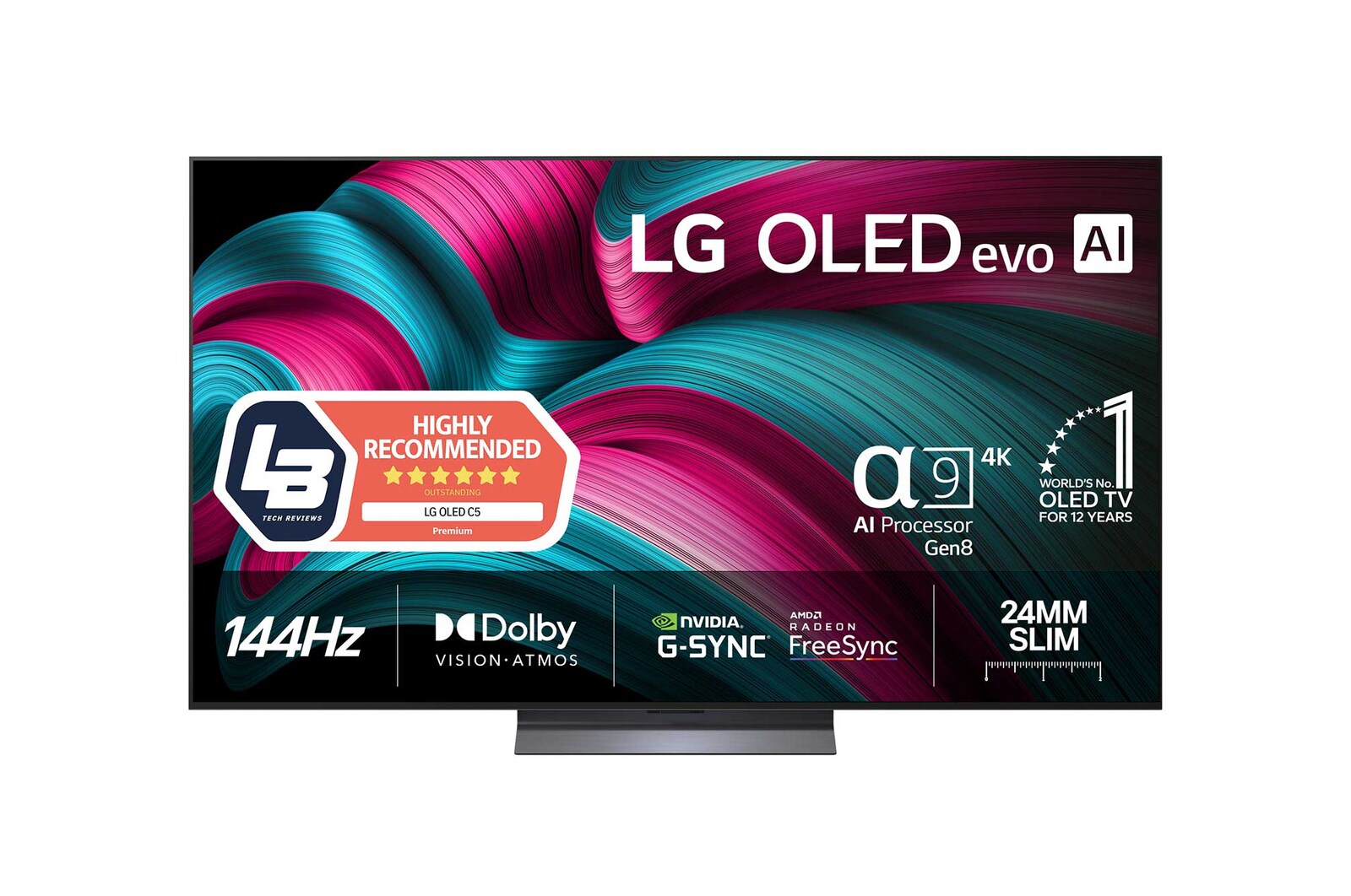 Visning forfra af LG OLED evo AI C5 4K Smart TV. På skærmen er der et emblem for 12 år som nummer 1 OLED i verden og logo for LG OLED evo AI 2025.