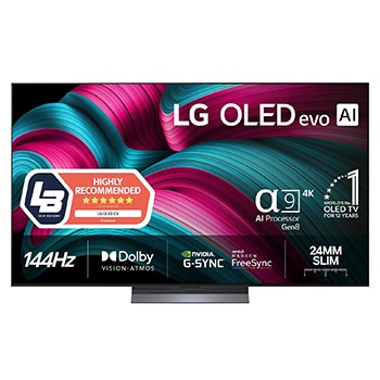 Visning forfra af LG OLED evo AI C5 4K Smart TV. På skærmen er der et emblem for 12 år som nummer 1 OLED i verden og logo for LG OLED evo AI 2025.