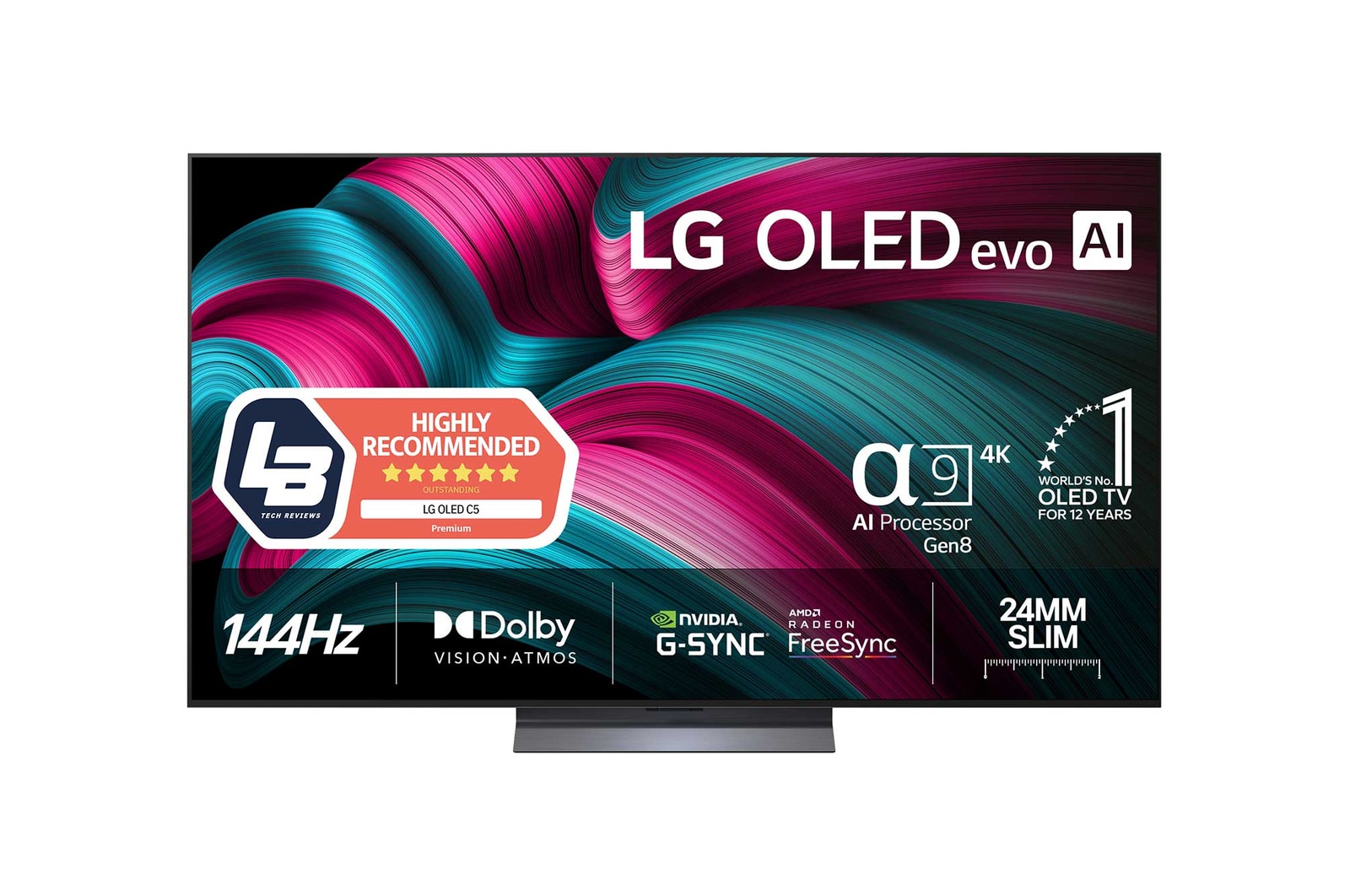 Visning forfra af LG OLED evo AI C5E 4K Smart TV. På skærmen er der et emblem for 12 år som nummer 1 OLED i verden og logo for LG OLED evo AI 2025.