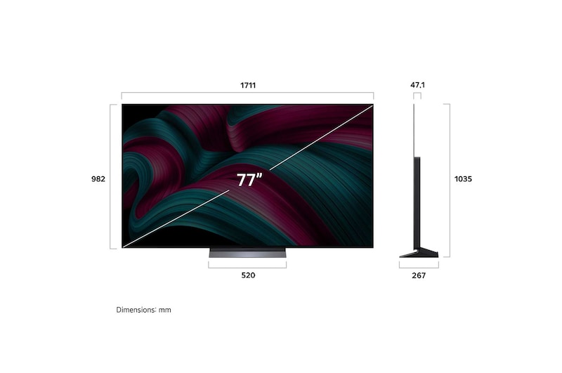 Visning fra siden af LG OLED evo AI C5E 4K Smart TV.