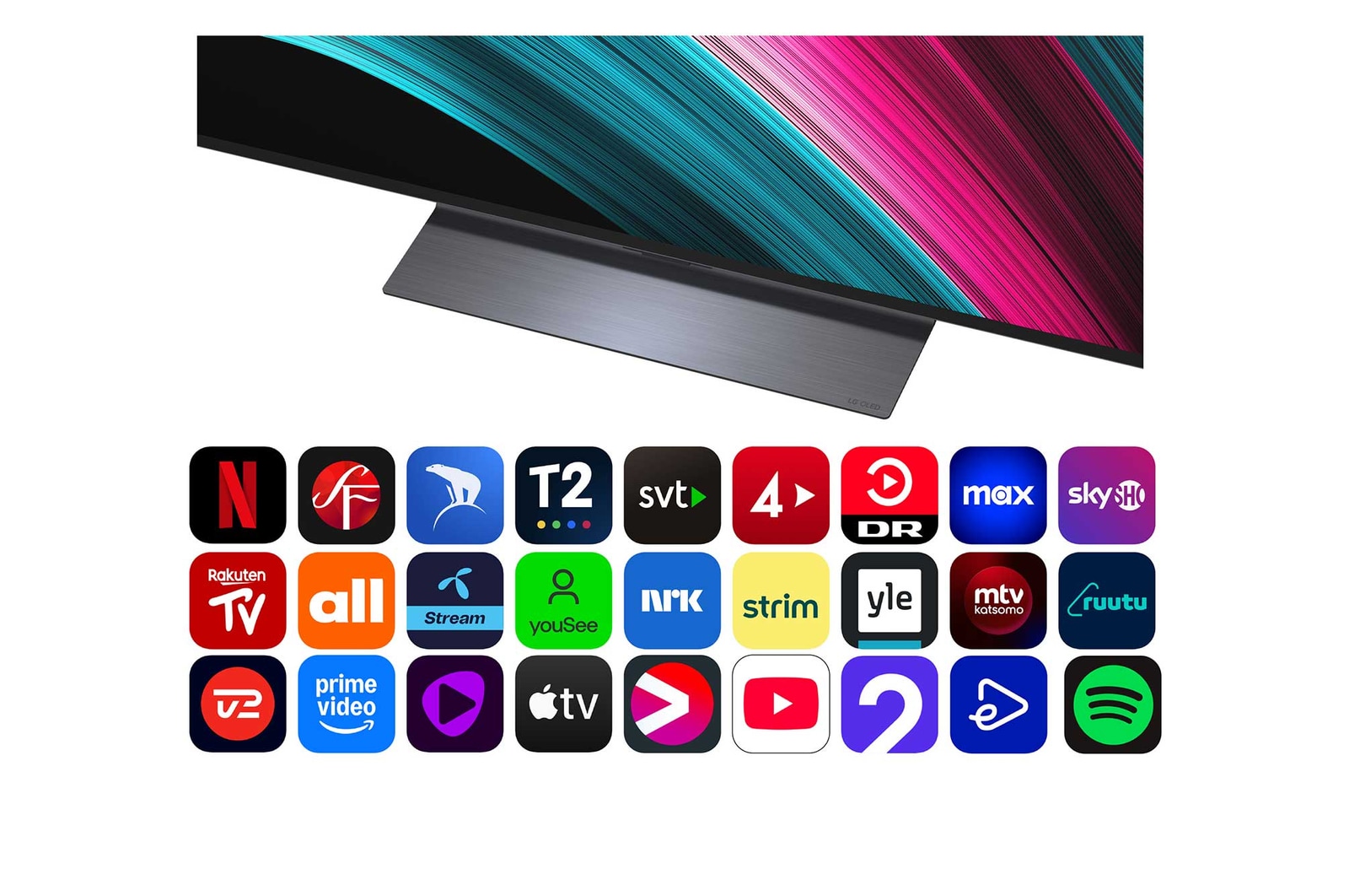 Visning forfra og fra siden af LG OLED evo AI C5E 4K Smart TV, hvor dets mål for længde, bredde, højde og dybde ses.