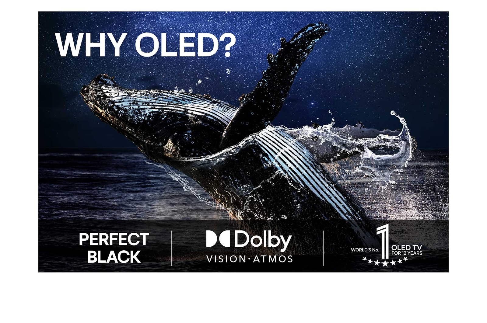 Stue med et vægmonteret LG OLED TV. På TV'et ses en bjergkæde mod en mørk nattehimmel fyldt med stjerner. Denne scene er opdelt i to for at vise, hvordan Perfekt sort leverer ægte sorte niveauer, uanset om der er lyst eller mørkt omkring dig. Den ene side viser en mere mat og grå version af landskabet, som er mærket “Ikke Perfekt sort skærm”. På den anden side ses et bedre billede med større dynamisk område for sort og hvid. Dette er mærket “Perfekt sort skærm”. Logo-certificering er også synlig, perfekt sort teknologi leverer sorte niveauer under eller lig med 0,24 nit op til 500 lux. En tekstboble ved siden af siger, kontroller certificeringsmærket for Perfekt sort.