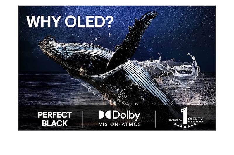 Stue med et vægmonteret LG OLED TV. På TV'et ses en bjergkæde mod en mørk nattehimmel fyldt med stjerner. Denne scene er opdelt i to for at vise, hvordan Perfekt sort leverer ægte sorte niveauer, uanset om der er lyst eller mørkt omkring dig. Den ene side viser en mere mat og grå version af landskabet, som er mærket “Ikke Perfekt sort skærm”. På den anden side ses et bedre billede med større dynamisk område for sort og hvid. Dette er mærket “Perfekt sort skærm”. Logo-certificering er også synlig, perfekt sort teknologi leverer sorte niveauer under eller lig med 0,24 nit op til 500 lux. En tekstboble ved siden af siger, kontroller certificeringsmærket for Perfekt sort.