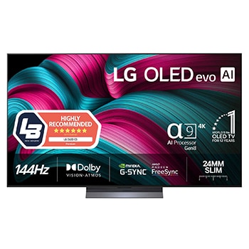 Visning forfra af LG OLED evo AI C5E 4K Smart TV. På skærmen er der et emblem for 12 år som nummer 1 OLED i verden og logo for LG OLED evo AI 2025.