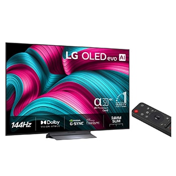 Let vinklet visning af LG OLED evo AI C5E 4K Smart TV.