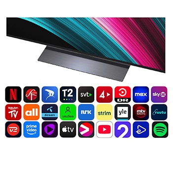 Visning forfra og fra siden af LG OLED evo AI C5E 4K Smart TV, hvor dets mål for længde, bredde, højde og dybde ses.