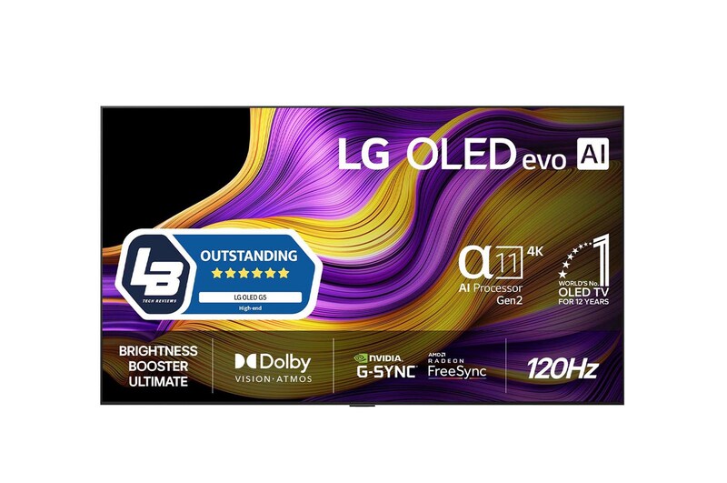 Visning forfra af LG OLED evo AI G5 4K Smart TV. På skærmen er der et emblem for 12 år som nummer 1 OLED i verden og logo for LG OLED evo AI 2025.