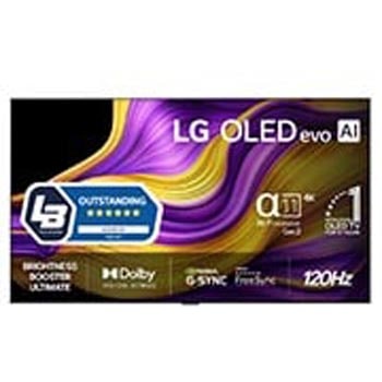Visning forfra af LG OLED evo AI G5 4K Smart TV. På skærmen er der et emblem for 12 år som nummer 1 OLED i verden og logo for LG OLED evo AI 2025.