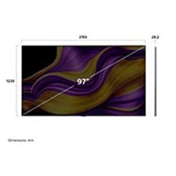 Visning forfra og fra siden af LG OLED evo AI G5 4K Smart TV, hvor ses dets mål for længde, bredde, højde og dybde.