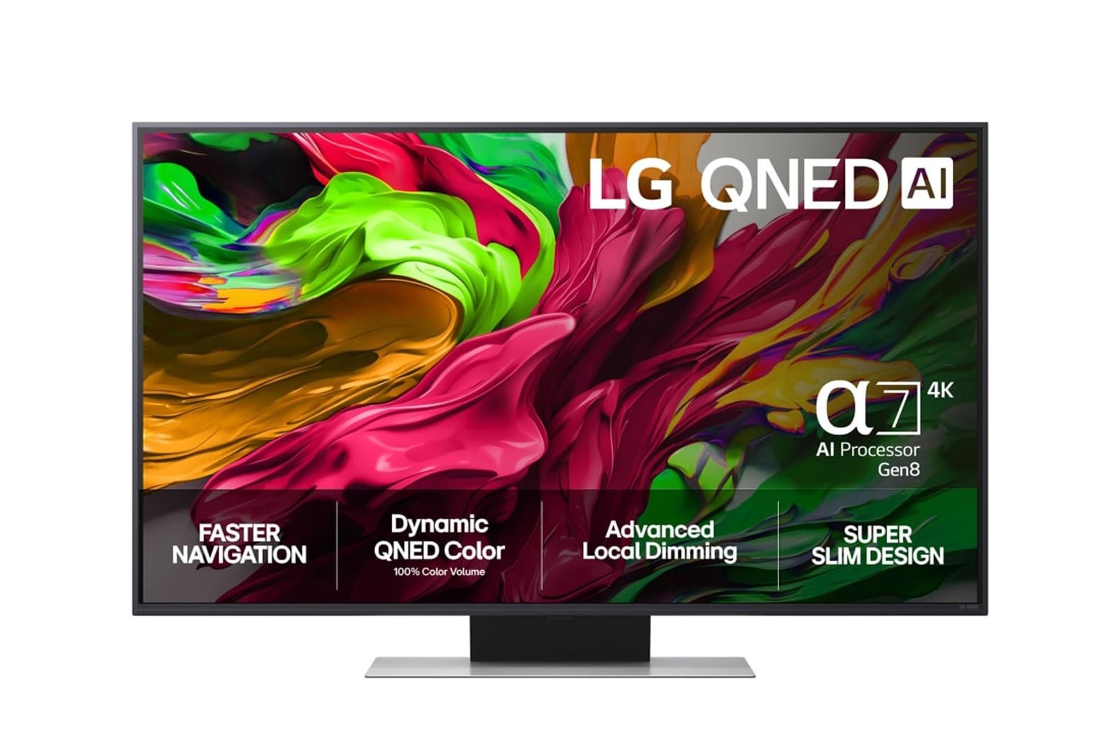 Visning forfra af LG QNED81 TV, LG QNED AI-logo i øverste hjørne. LG QNED TV viser farverige og malingagtige teksturer, der forenes.
