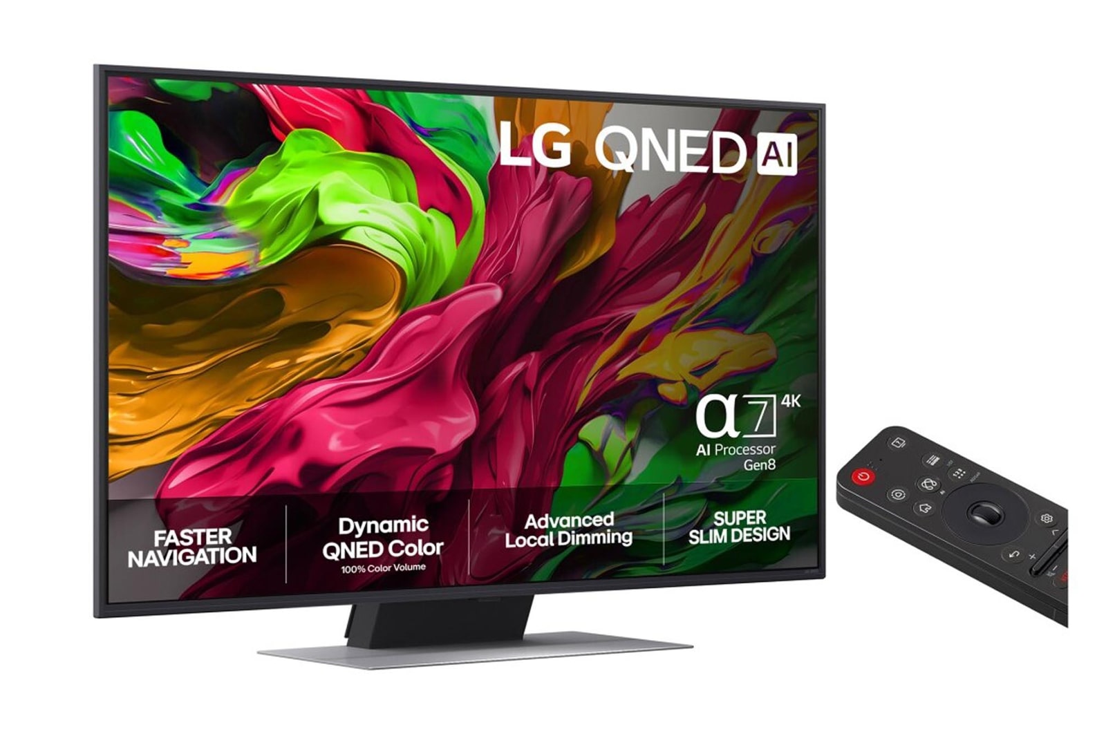 Visning forfra af LG QNED81 TV, LG QNED AI-logo i øverste hjørne. LG QNED TV viser farverige og malingagtige teksturer, der forenes.