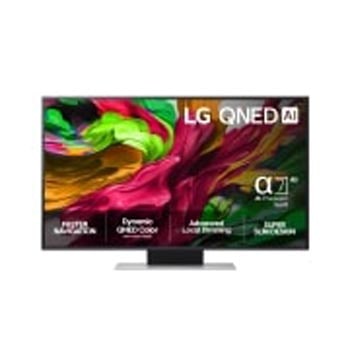 Visning forfra af LG QNED81 TV, LG QNED AI-logo i øverste hjørne. LG QNED TV viser farverige og malingagtige teksturer, der forenes.
