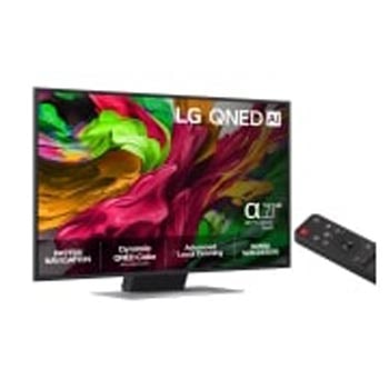 Visning forfra af LG QNED81 TV, LG QNED AI-logo i øverste hjørne. LG QNED TV viser farverige og malingagtige teksturer, der forenes.