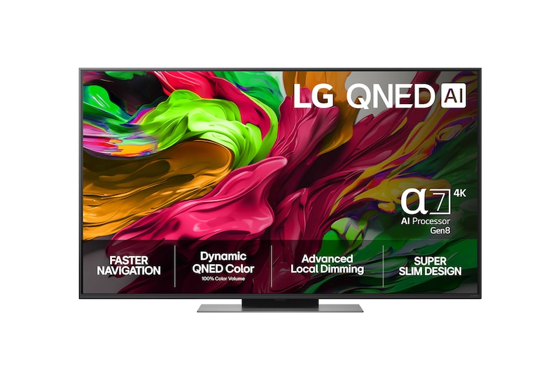 Visning forfra af LG QNED81 TV, LG QNED AI-logo i øverste hjørne. LG QNED TV viser farverige og malingagtige teksturer, der forenes.