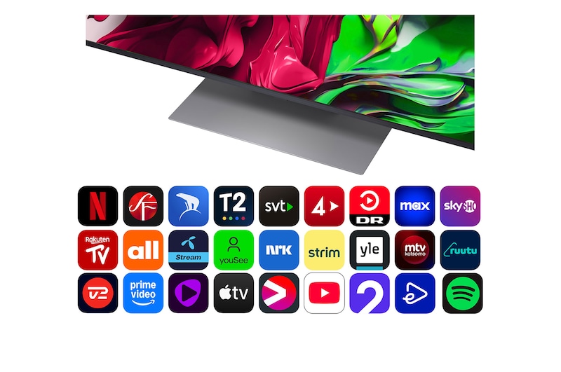 Visning forfra og fra siden af LG QNED81 AI 4K Smart TV, hvor ses dets mål for længde, bredde, højde og dybde.