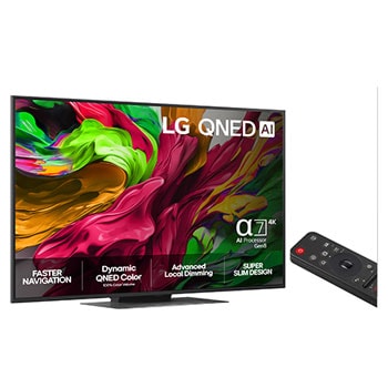 Visning forfra af LG QNED81 TV, LG QNED AI-logo i øverste hjørne. LG QNED TV viser farverige og malingagtige teksturer, der forenes.