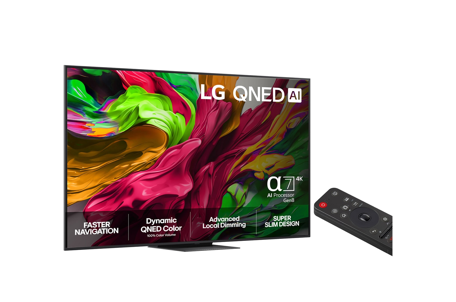 Visning forfra af LG QNED81 TV, LG QNED AI-logo i øverste hjørne. LG QNED TV viser farverige og malingagtige teksturer, der forenes.