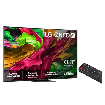 Visning forfra af LG QNED81 TV, LG QNED AI-logo i øverste hjørne. LG QNED TV viser farverige og malingagtige teksturer, der forenes.