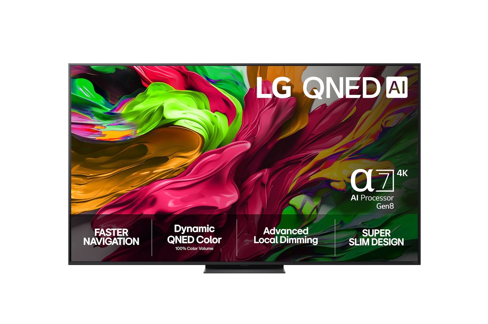 Visning forfra af LG QNED81 TV, LG QNED AI-logo i øverste hjørne. LG QNED TV viser farverige og malingagtige teksturer, der forenes.