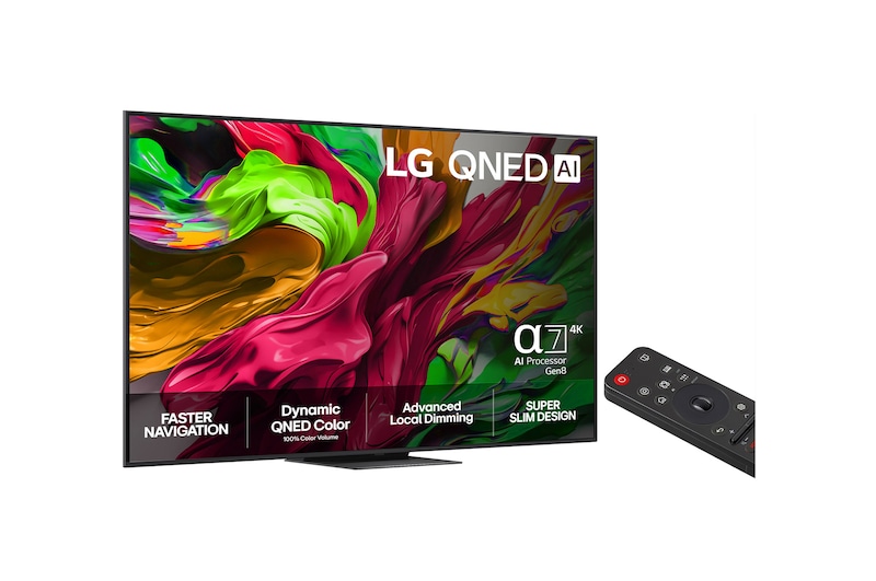 Visning forfra af LG QNED81 TV, LG QNED AI-logo i øverste hjørne. LG QNED TV viser farverige og malingagtige teksturer, der forenes.