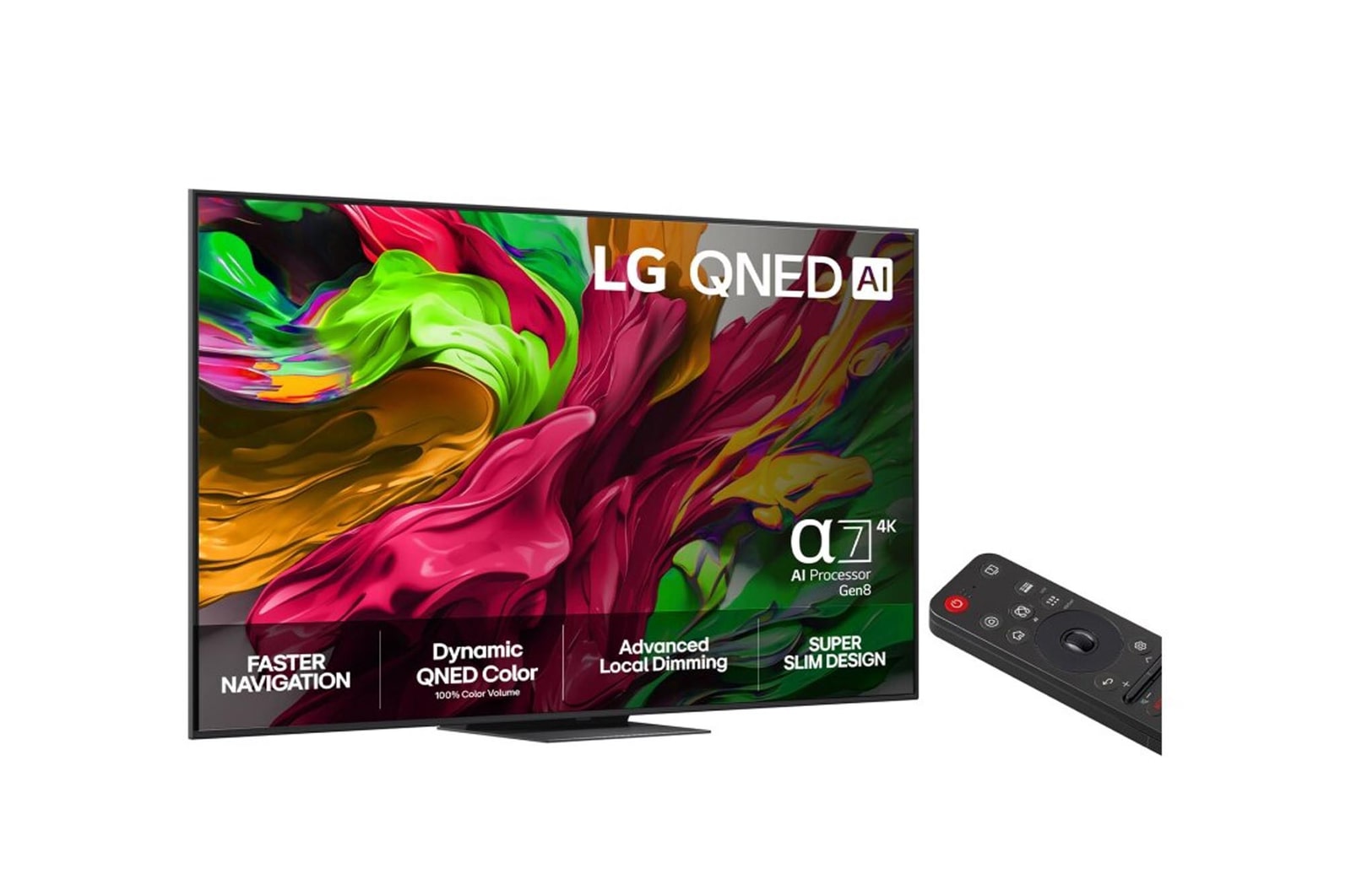 Visning forfra af LG QNED81 TV, LG QNED AI-logo i øverste hjørne. LG QNED TV viser farverige og malingagtige teksturer, der forenes.