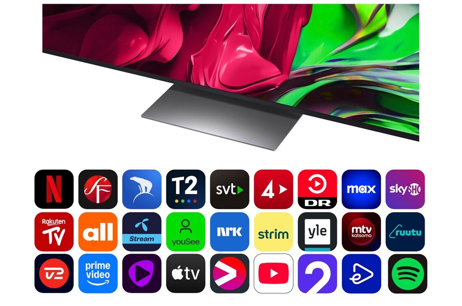 Visning forfra og fra siden af LG QNED81 AI 4K Smart TV, hvor ses dets mål for længde, bredde, højde og dybde.