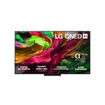 Visning forfra af LG QNED81 TV, LG QNED AI-logo i øverste hjørne. LG QNED TV viser farverige og malingagtige teksturer, der forenes.