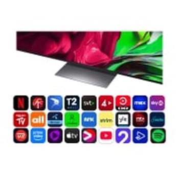 Visning forfra og fra siden af LG QNED81 AI 4K Smart TV, hvor ses dets mål for længde, bredde, højde og dybde.