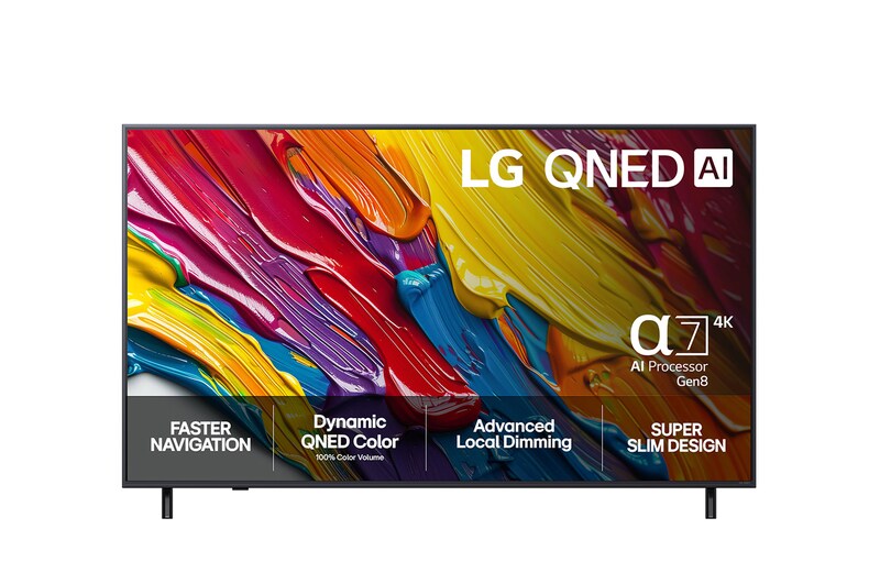 Visning forfra af LG QNED82 TV, LG QNED AI-logo i øverste hjørne. LG QNED TV viser farverige og malingagtige teksturer, der forenes.
