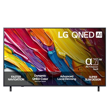 Visning forfra af LG QNED82 TV, LG QNED AI-logo i øverste hjørne. LG QNED TV viser farverige og malingagtige teksturer, der forenes.