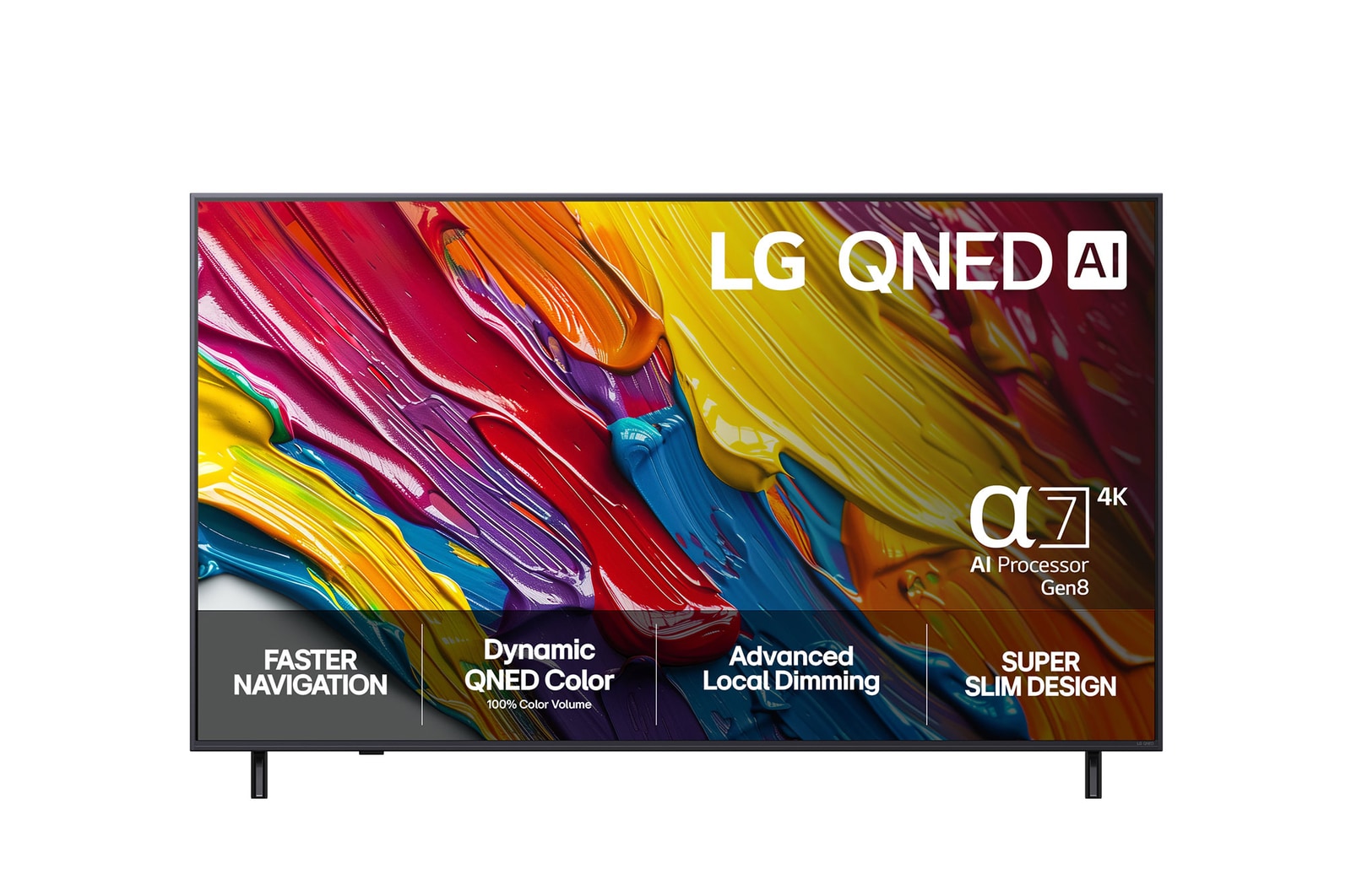 Visning forfra af LG QNED82 TV, LG QNED AI-logo i øverste hjørne. LG QNED TV viser farverige og malingagtige teksturer, der forenes.