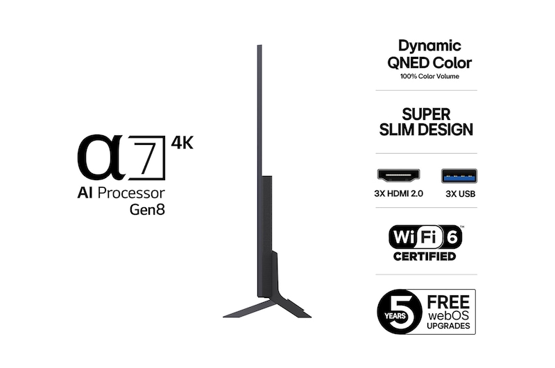 Visning fra venstre side af LG QNED82 TV 