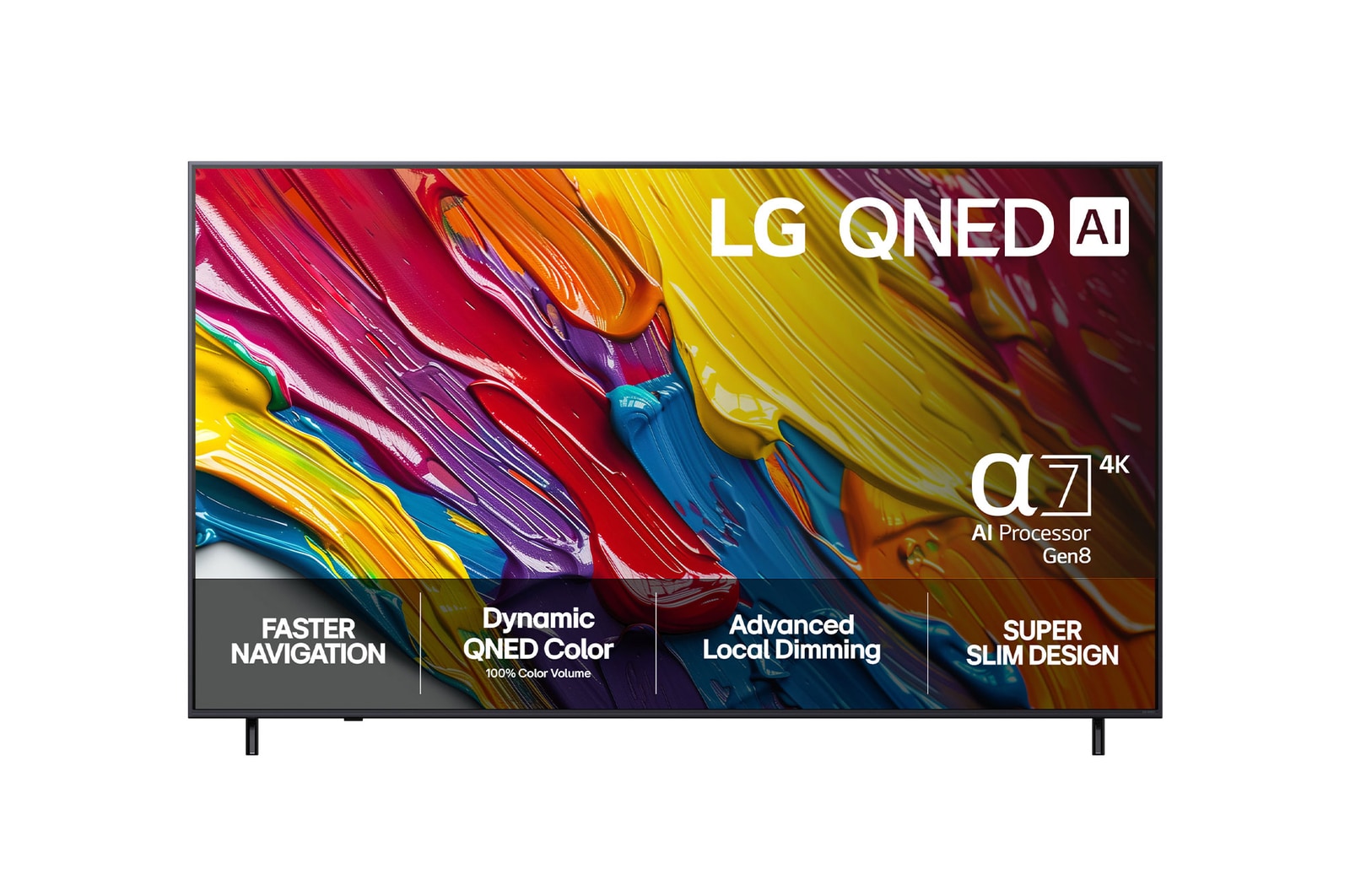 Visning forfra af LG QNED82 TV, LG QNED AI-logo i øverste hjørne. LG QNED TV viser farverige og malingagtige teksturer, der forenes.