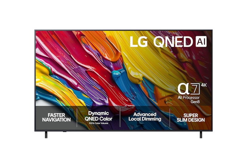 Visning forfra af LG QNED82 TV, LG QNED AI-logo i øverste hjørne. LG QNED TV viser farverige og malingagtige teksturer, der forenes.