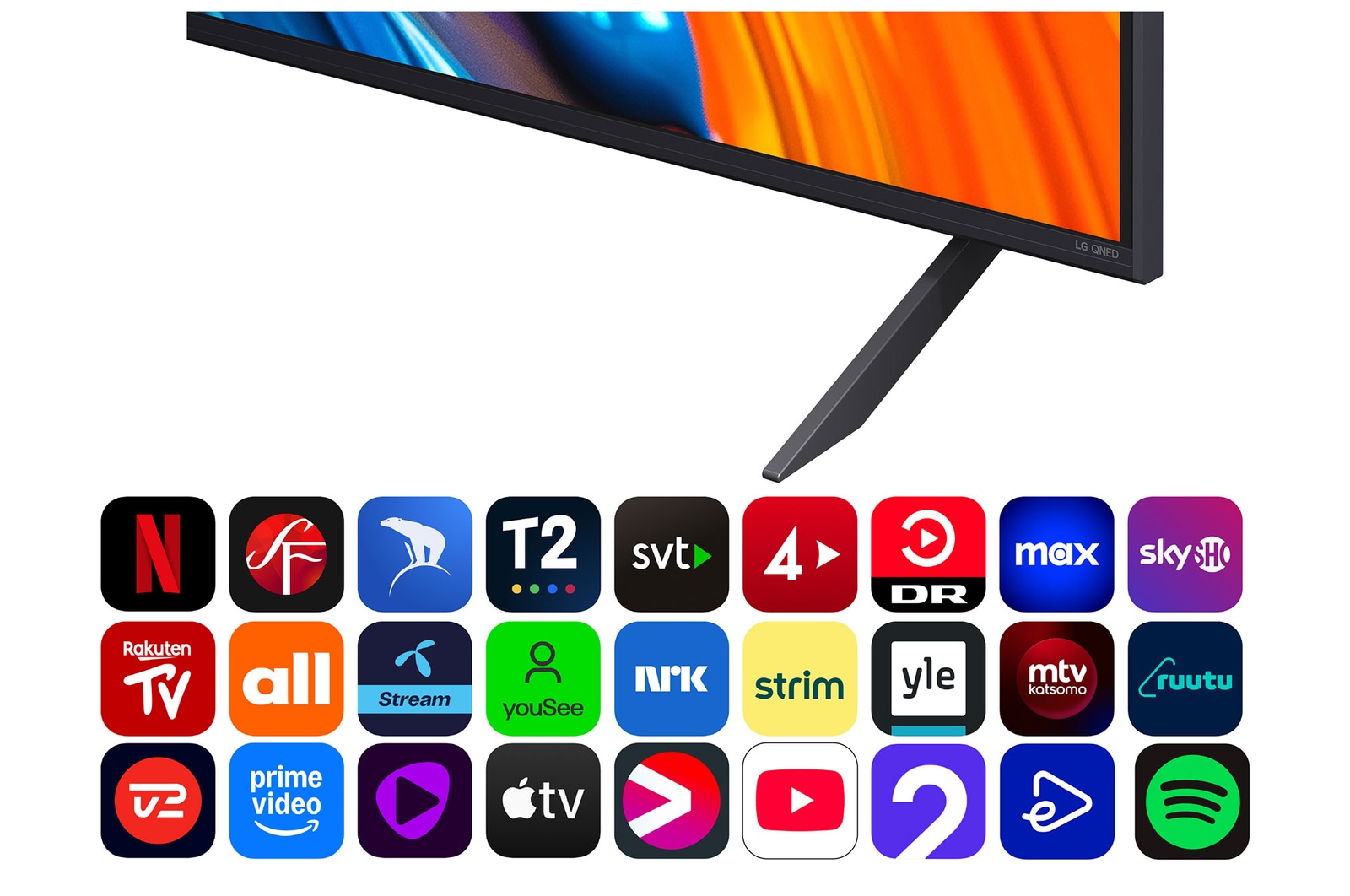 Visning forfra og fra siden af LG QNED82 AI 4K Smart TV, hvor ses dets mål for længde, bredde, højde og dybde.